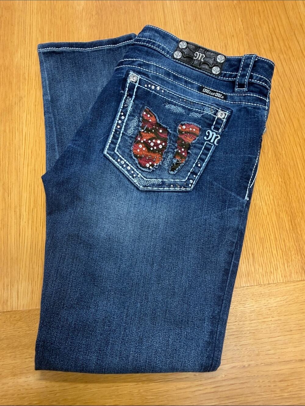 Miss Me Signature SkinnyBlue Bootcut Jeans with Red Embellished Pocket